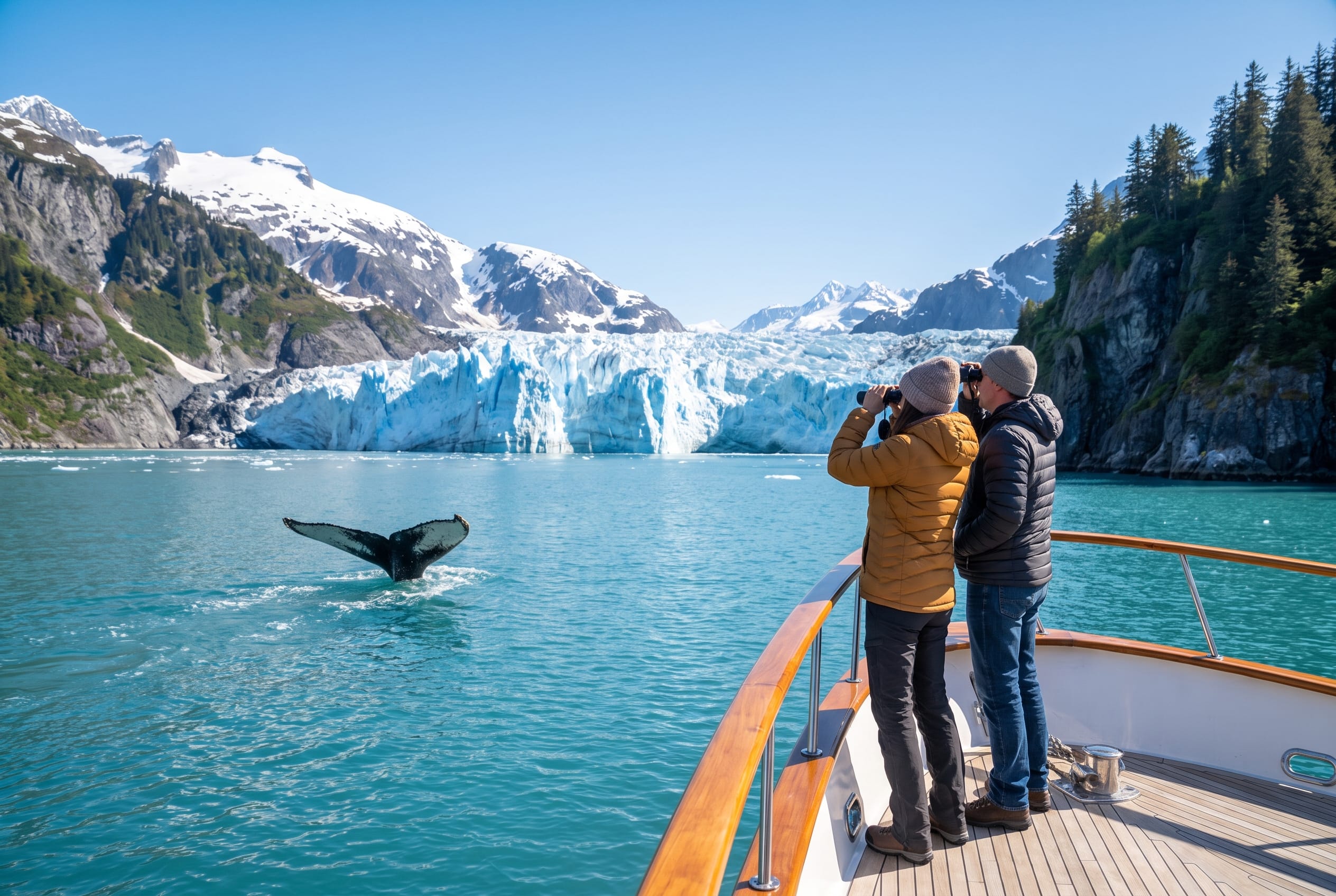 Glaciers calve, humpbacks surface.