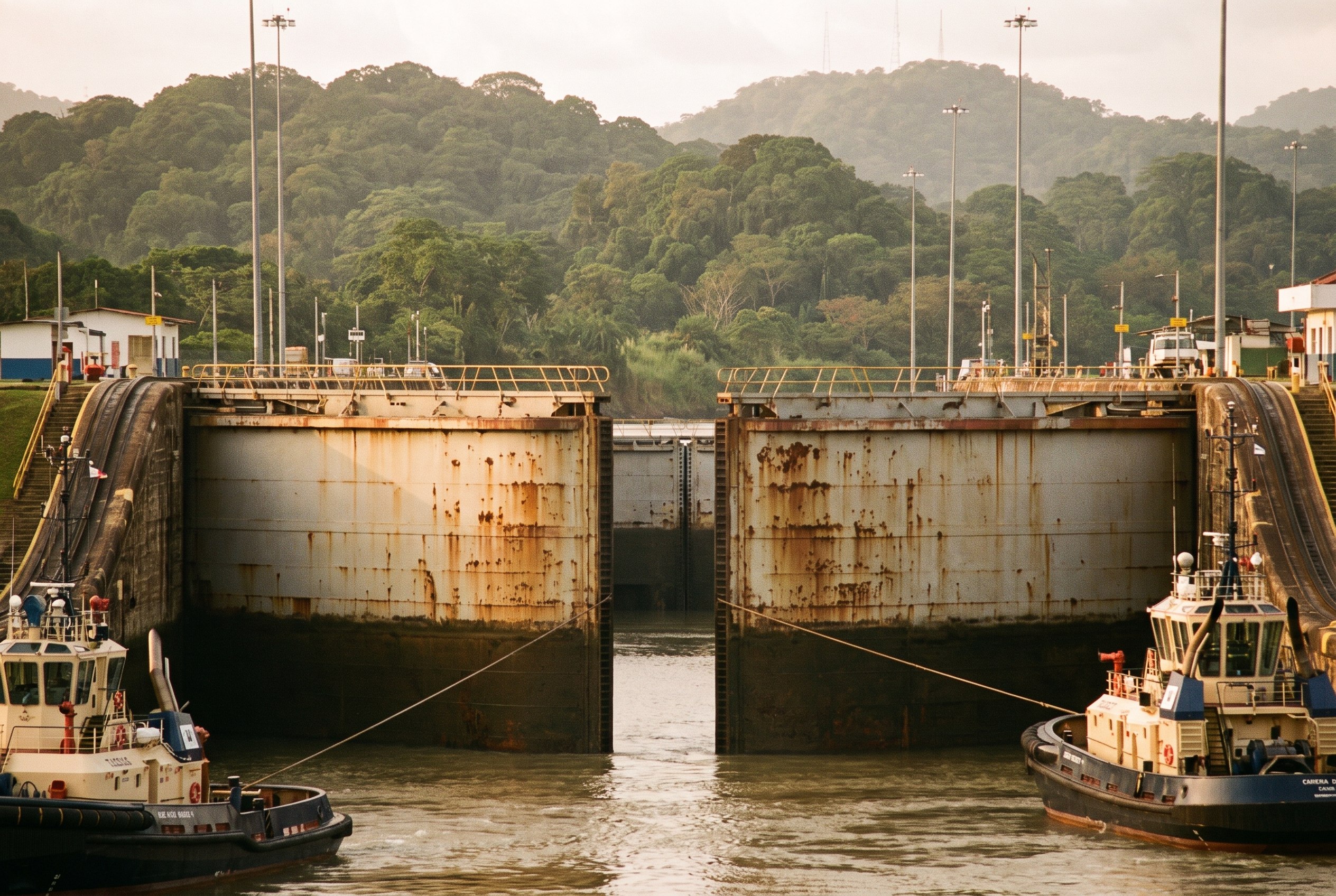 A ship climbs the locks.