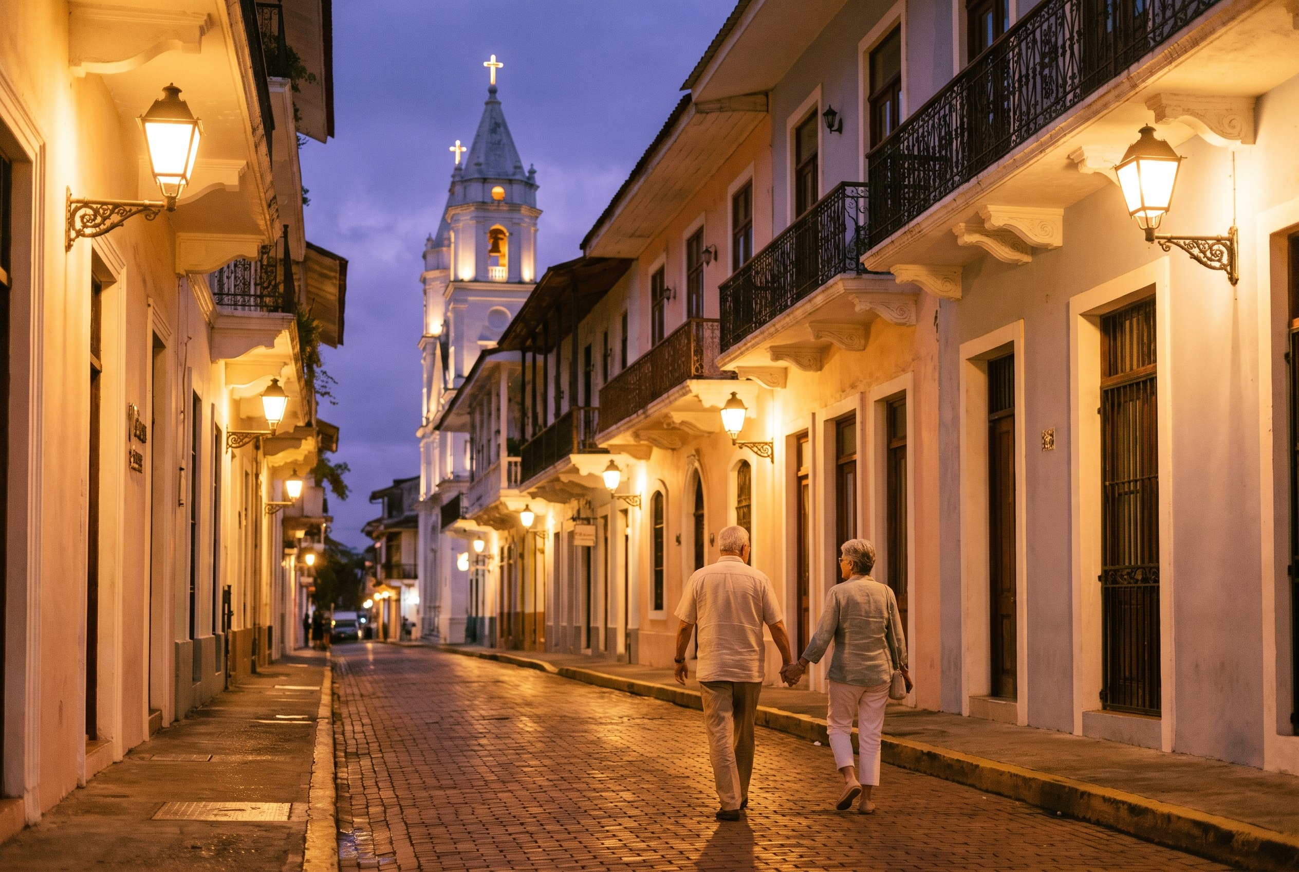 Cobblestones, lantern-lit.