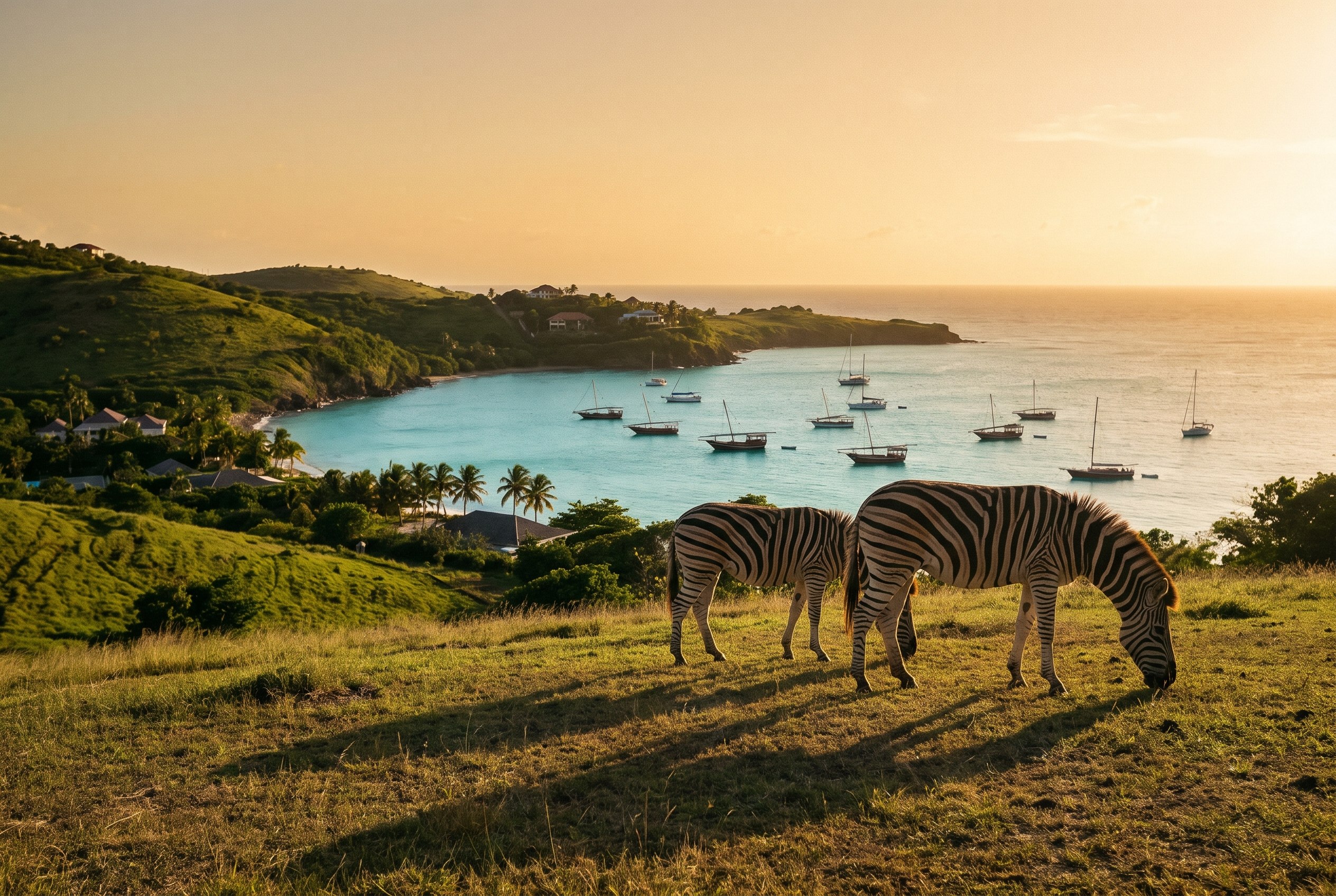Zebras at sunset.